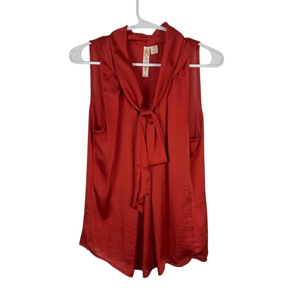 Adiva Women's deep red sleeveless bow tie blouse office career modest Medium
